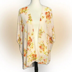 Interi Floral Sheer Kimono, Retro Roses Botanical Print,  One Size